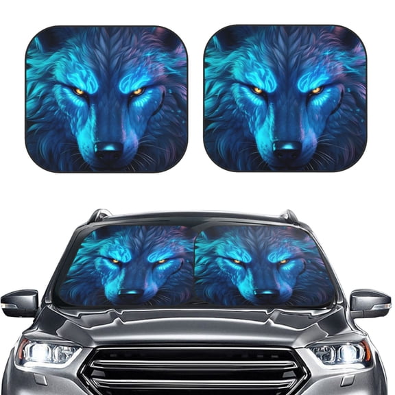 Picia Futuristic Blue Light Wolf 2 Piece Car Windshield Sun Shade Foldable | Foldable Sun Shield for Front Window Blocks UV Rays and Keeps Your Vehicle Cool-Large