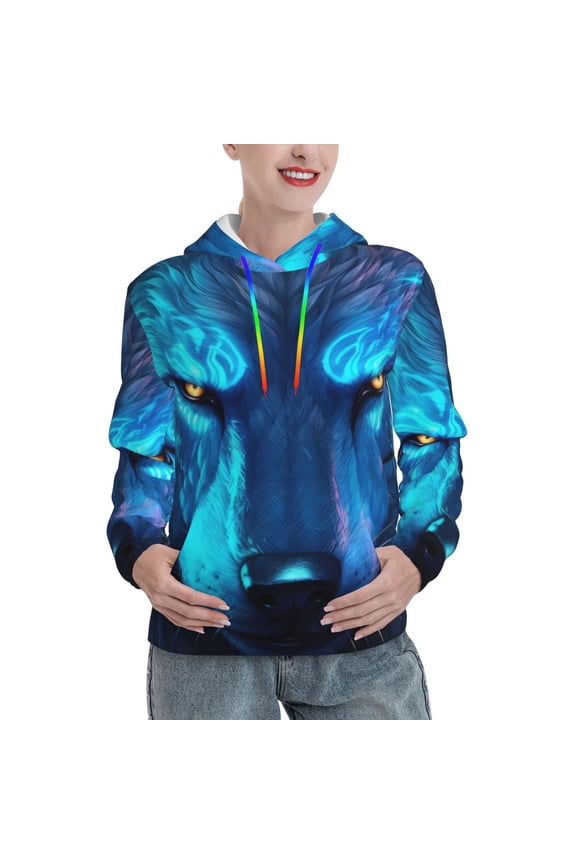 Futuristic Blue Light Wolf Pattern Casual Women's Hoodie, Hooded Sweatshirt with Kangaroo Pocket, Comfortable Pullover with Eye-catching Drawstrings-XX-Large