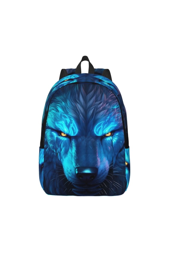 Futuristic Blue Light Wolf Printed Canvas Daypack - Stylish and Durable Vintage Compact Backpack - Class, Work, Travel, or Laptop Bookbag,Organized Compartments-Small