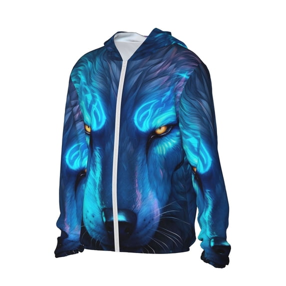 Picia Futuristic Blue Light Wolf Women's Men's UPF 50+ Sun Protection Hoodie Shirt Long Sleeve SPF Fishing Outdoor UV Hiking Lightweight Shirts-Medium