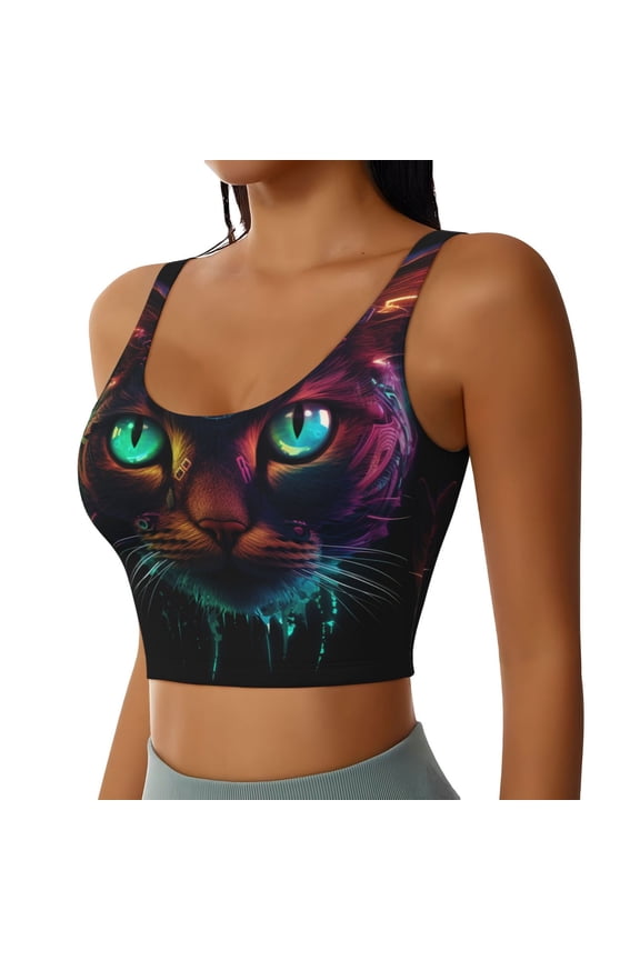 Futuristic Cat Warrior Sports Bra for Women,Padded Strappy Sports Bras Medium Support Yoga Bra with Removable Cups,Running Yoga Bra-XX-Large