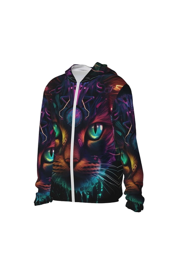 Futuristic Cat Warrior Women's Men's UPF 50+ Sun Protection Hoodie Shirt Long Sleeve SPF Fishing Outdoor UV Hiking Lightweight Shirts-Large