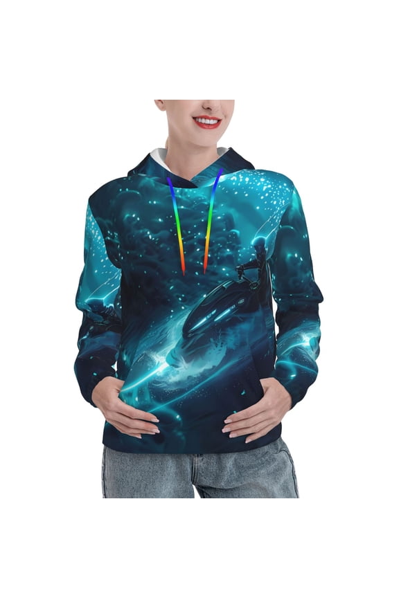Futuristic Jet Ski Adventure Pattern Casual Women's Hoodie, Hooded Sweatshirt with Kangaroo Pocket, Comfortable Pullover with Eye-catching Drawstrings-Small