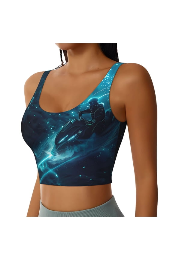 Futuristic Jet Ski Adventure Sports Bra for Women,Padded Strappy Sports Bras Medium Support Yoga Bra with Removable Cups,Running Yoga Bra-Small