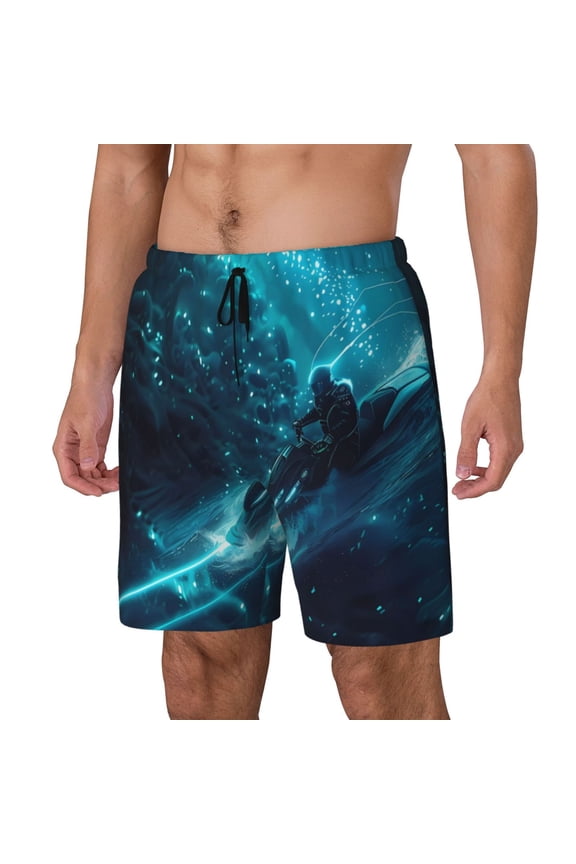 Futuristic Jet Ski Adventure pattern Mens Swim Trunks with Compression Liner Stretch Beach Shorts Quick Dry with Zipper Pockets No-Chafing Board Shorts-Large
