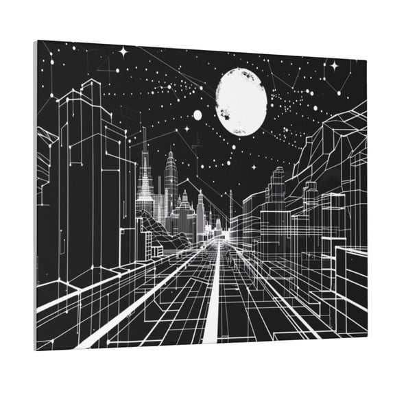 Picia Futuristic Moonlit Cityscape Pattern Decorative Picture – Unique Wall Art, Modern Canvas Print for Trendy Interiors (Horizontal)