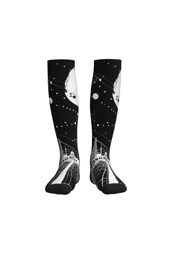 Futuristic Moonlit Cityscape Printed Sports Compression Socks - 15-20mmHg Graduated Compression, High-Performance Soft and Breathable Socks for Men and Women