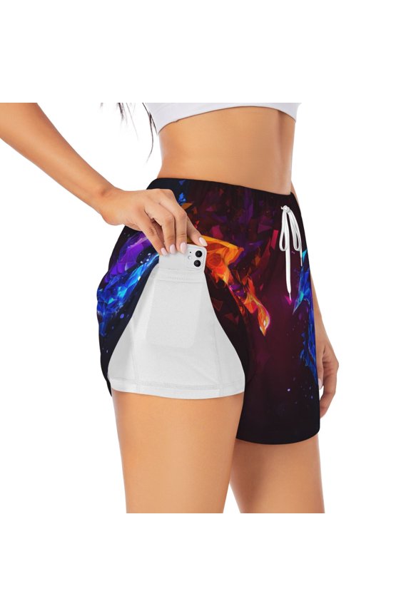 Futuristic Red And Blue Bird Pattern Women's 2 in 1 Athletic Running Shorts High Waisted Workout Casual Gym Sweat Shorts with Comfy Liner Zipper Pockets-Medium