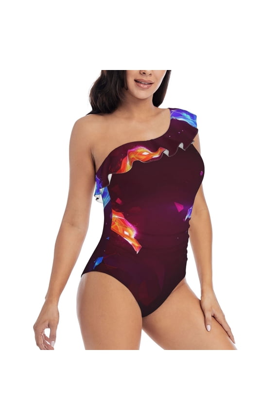 Futuristic Red And Blue Bird Pattern Women's One Piece Swimsuits,One Shoulder Swimwear Asymmetric ,Ruffle Monokinis Bathing Suits,High Waisted Flattering Bathing Suits-Medium