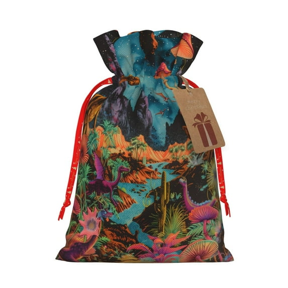 Picia Galactic Jungle Dinosaurs Pattern Christmas Gift Bags, Xmas Gift Bags, Suitable for Holiday Kraft Paper Gift Bags, Reusable Christmas Gift Bags,Festive Gift Packaging Bag-Medium