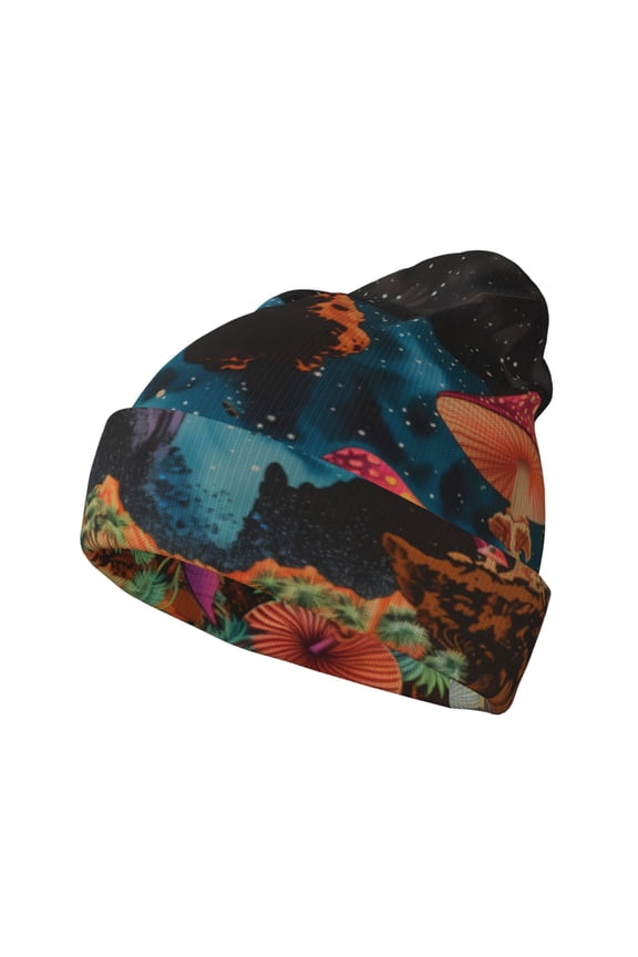 Galactic Jungle Dinosaurs Pattern Knitted Beanie Hat for Men and Women , Unisex Winter Warm Stretchy Knit Cap Thick Fisherman Beanies Cuffed Plain Skull Caps
