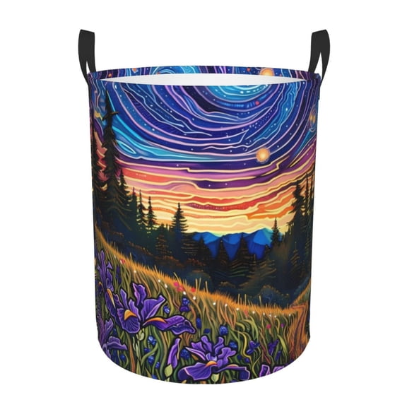 Picia Galactic Night Over Meadow Pattern Large Laundry Basket, Waterproof, Freestanding Laundry Hamper, Collapsible Tall Clothes Hamper with Extended Handles-