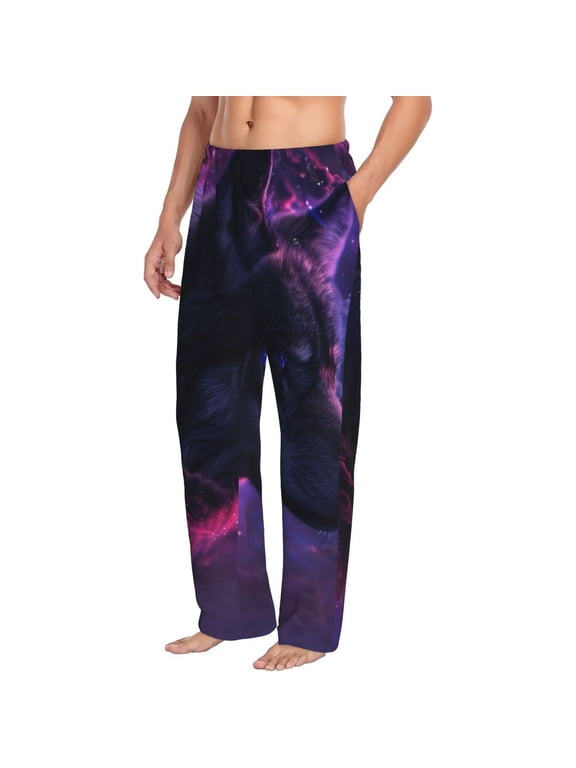 Galactic Wolf Stare Mens Soft Woven Cotton Elastic Waistband Sleep Pajama Pant Lounge Sleep Pant With Pockets And Drawstring-Small