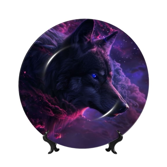 Picia Galactic Wolf Stare Pattern Bone China Decorative Plate – Wall Decor with Stand and Adhesive, Elegant Ornament for Living Room, Office, or Entryway-8in