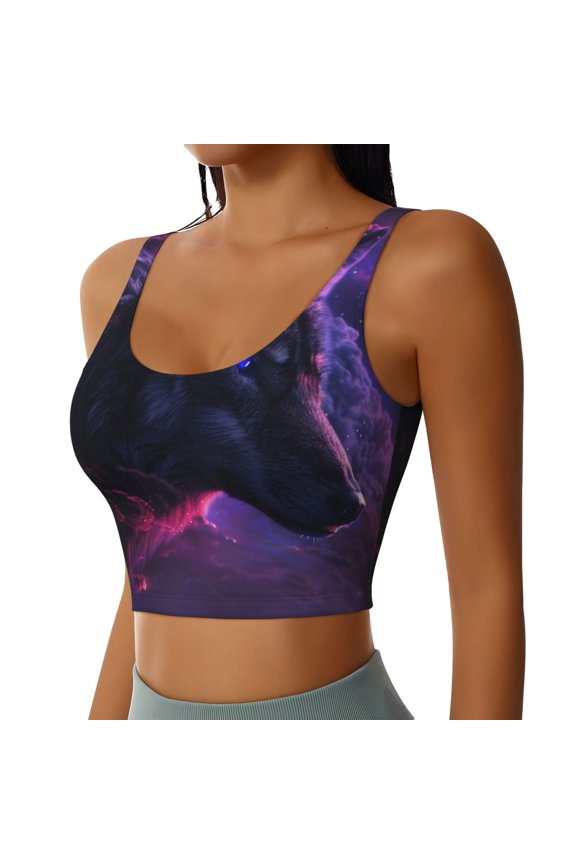 Galactic Wolf Stare Sports Bra for Women,Padded Strappy Sports Bras Medium Support Yoga Bra with Removable Cups,Running Yoga Bra-X-Large