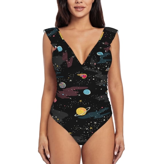 Picia Galaxy Blooming Jelly Womens Tummy Control Bathing Suits Slimming Ruffle Swimsuit One Piece Lace Swimwear-