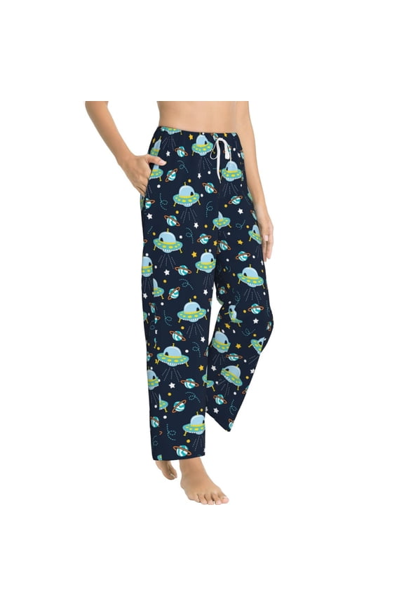 Galaxy With Ufo Womens Soft Woven Cotton Elastic Waistband Sleep Pajama Pant Lounge Sleep Pant With Pockets And Drawstring-Small
