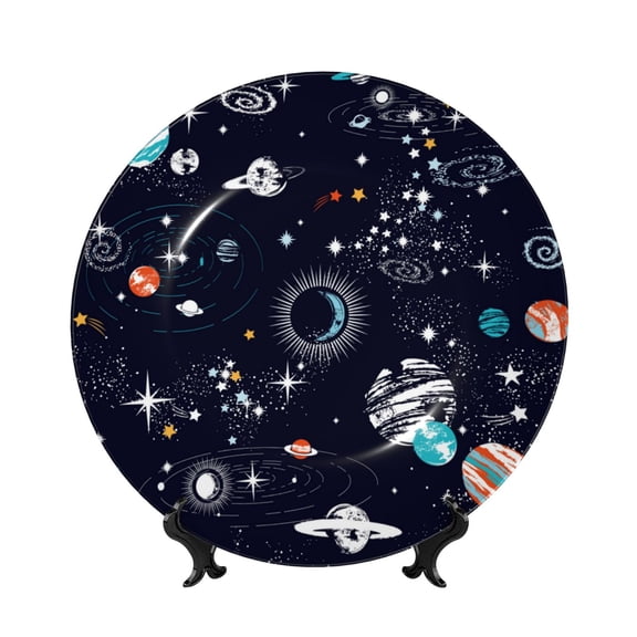 Picia Galaxy2 Pattern Bone China Decorative Plate – Wall Decor with Stand and Adhesive, Elegant Ornament for Living Room, Office, or Entryway-7in