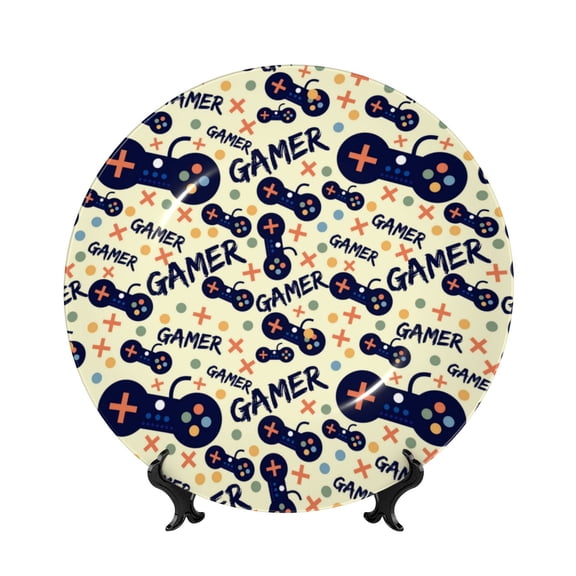 Picia Game Controller Pattern Bone China Decorative Plate – Wall Decor with Stand and Adhesive, Elegant Ornament for Living Room, Office, or Entryway-6in