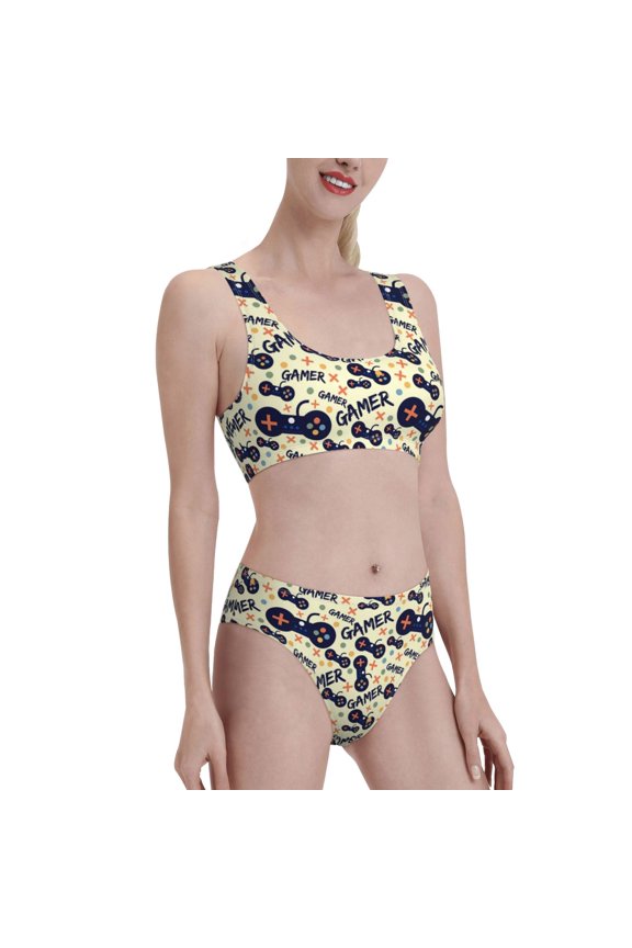 Game Controller Women's High Waisted Bikini Scoop Neck Swimsuit Two Pieces Bathing Suit-Small