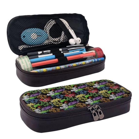 Picia Game Joysticks Pattern Large Capacity PU Leather Pencil Case Organizer Pen Marker Holder Double Zipper Storage Bag Big Pencil Pouch for College Office