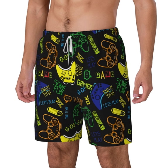Picia Game Play pattern Mens Swim Trunks with Compression Liner Stretch Beach Shorts Quick Dry with Zipper Pockets No-Chafing Board Shorts-Medium