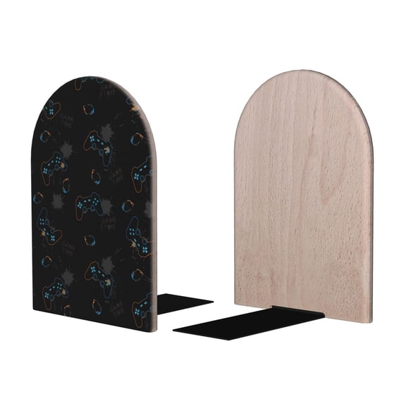 Picia Game Time Pattern Wood Bookends for Shelves,Non-slip Bookends, Heavy Duty Wooden Bookend Support,1 Pair