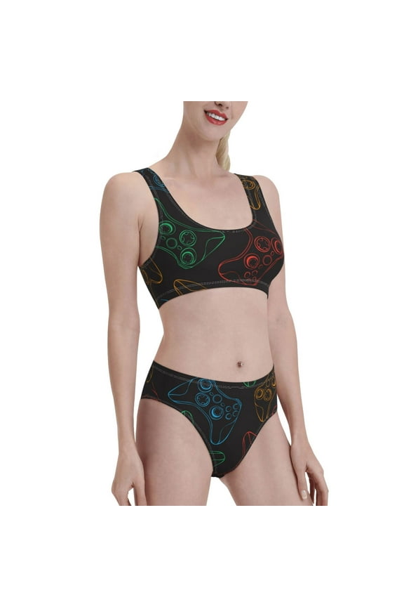 Gamepad Joystick Game Women's High Waisted Bikini Scoop Neck Swimsuit Two Pieces Bathing Suit-Large