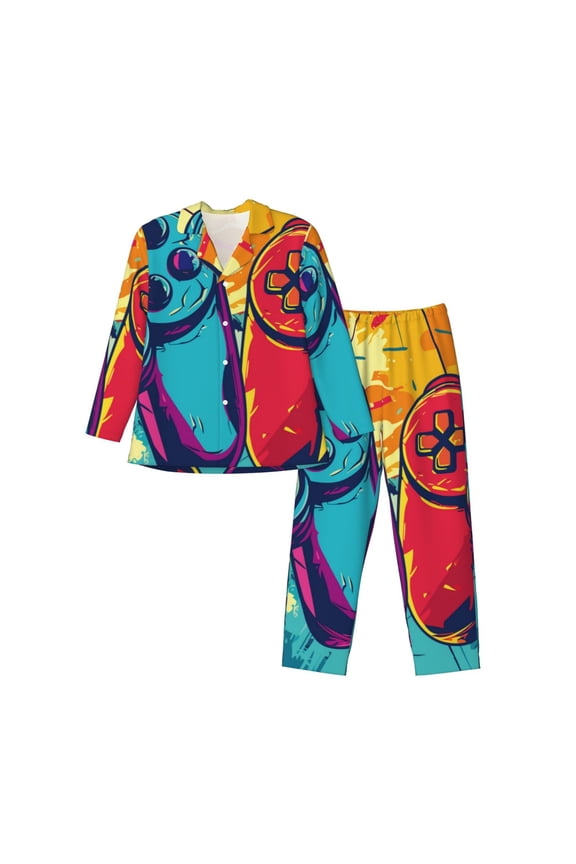 Gaming Pattern Men’s Long-Sleeve Sleepwear Set - Soft 2-Piece Loungewear with Pockets, Comfy PJs for Relaxing Nights-Medium