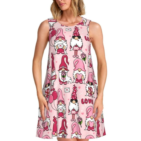 Picia Garden Gnomes Print Women’s Sleeveless Midi Swing Dress – A-Line Pleated Tank Sundress, Comfortable and Flowy T-Shirt Dress