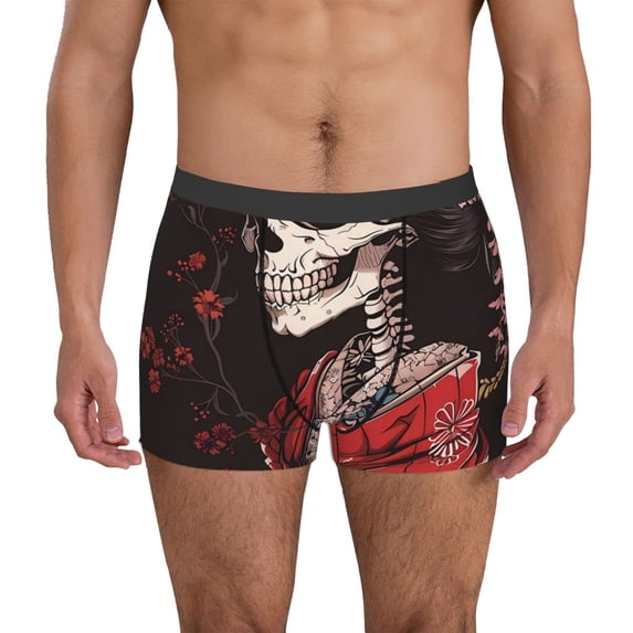 Picia Geisha Skeleton With Flowers Pattern Men’s Boxer Briefs – Soft & Breathable Underwear, Stretchy & Comfortable Fit, Supportive Pouch Design, Moisture-Wicking-X-Large