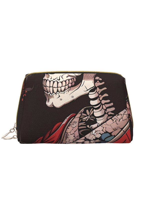 Geisha Skeleton With Flowers Print Leather Makeup Bag Make Up Bag Travel Toiletry Bag for Her Girlfriend Teacher Teen Girl Gifts