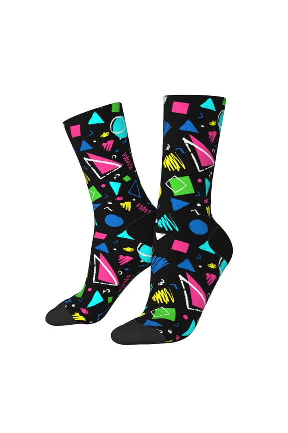 Geometric 1980s Styled Print Athletic Socks for Men & Women – Cushioned Moisture-Wicking Crew Socks for Sports, Running, and Training, Soft & Breathable Size 5-11