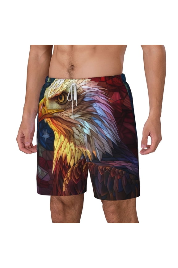 Geometric American Bald Eagle pattern Mens Swim Trunks with Compression Liner Stretch Beach Shorts Quick Dry with Zipper Pockets No-Chafing Board Shorts-Small