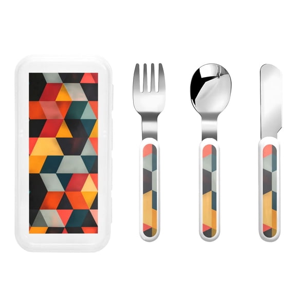 Picia Geometric Cube Pattern Art Print Children's Knife, Fork And Spoon Set - Kids Knife Fork Spoon - Stainless Steel Kids Silverware Set - Metal Kids Cutlery Set