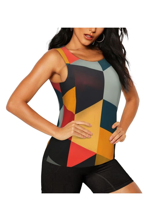 Geometric Cube Pattern Art Pattern Women's Workout Tank Top,Breathable Activewear,Slim Fit Athletic Top,Versatile Workout Moisture-wicking top-Large
