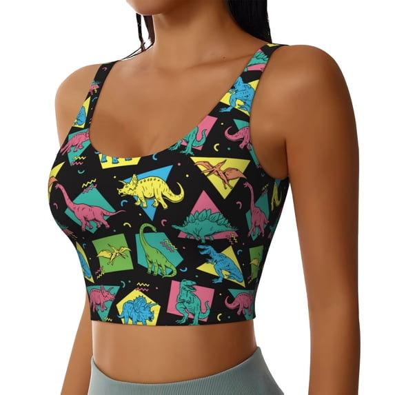 Picia Geometric Dinosaur Sports Bra for Women,Padded Strappy Sports Bras Medium Support Yoga Bra with Removable Cups,Running Yoga Bra-Large
