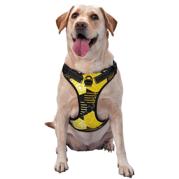 Picia Geometric Pattern with Bee No-Pull Dog Harness Reflective Front Clip Vest with Handle,Step-in Air Dog Harness,Adjustable 2 Metal Rings 4 Buckles,Easy to Put on & Take Off