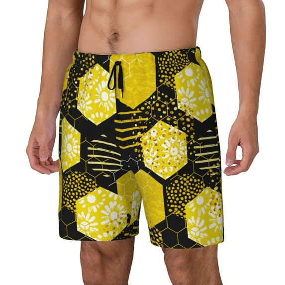Picia Geometric Pattern with Bee pattern Mens Swim Trunks with Compression Liner Stretch Beach Shorts Quick Dry with Zipper Pockets No-Chafing Board Shorts-Small