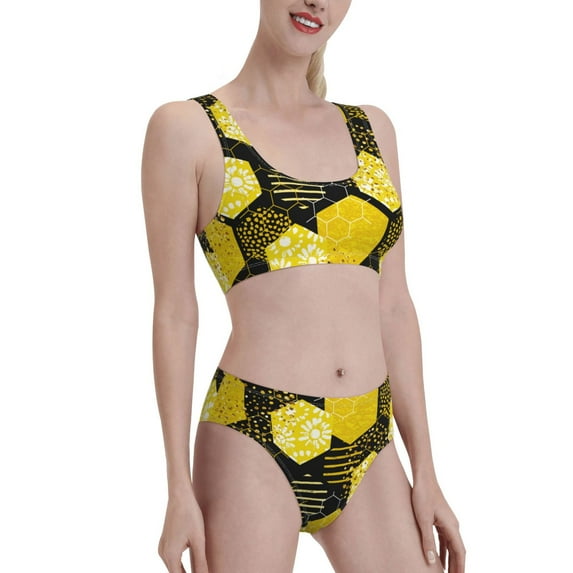 Picia Geometric Pattern with Bee Women's High Waisted Bikini Scoop Neck Swimsuit Two Pieces Bathing Suit-Medium