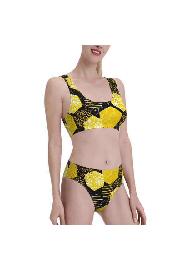 Geometric Pattern with Bee Women's High Waisted Bikini Scoop Neck Swimsuit Two Pieces Bathing Suit-Small