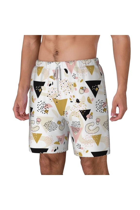 Geometric Triangle pattern Mens Swim Trunks with Compression Liner Stretch Beach Shorts Quick Dry with Zipper Pockets No-Chafing Board Shorts-Small