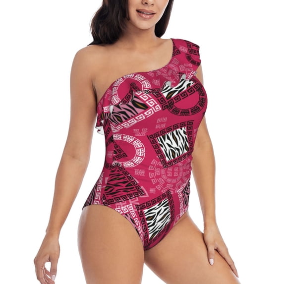 Picia Geometry Pattern Women's One Piece Swimsuits,One Shoulder Swimwear Asymmetric ,Ruffle Monokinis Bathing Suits,High Waisted Flattering Bathing Suits-Small