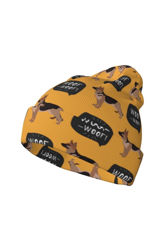 German Shepherd Woof Pattern Knitted Beanie Hat for Men and Women , Unisex Winter Warm Stretchy Knit Cap Thick Fisherman Beanies Cuffed Plain Skull Caps
