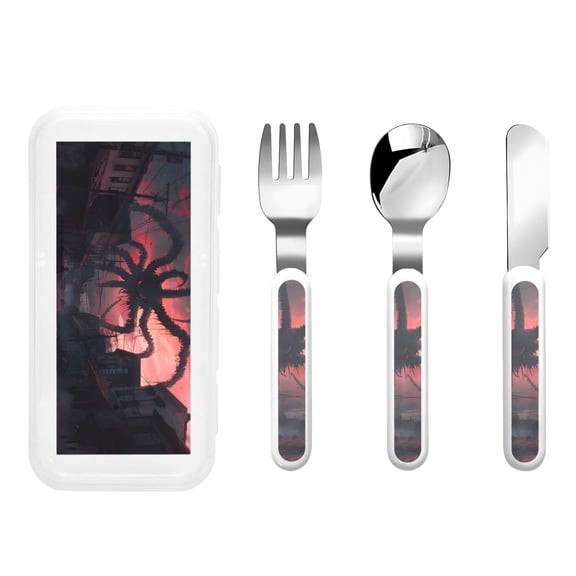 Picia Giant Monster Over City Print Children's Knife, Fork And Spoon Set - Kids Knife Fork Spoon - Stainless Steel Kids Silverware Set - Metal Kids Cutlery Set