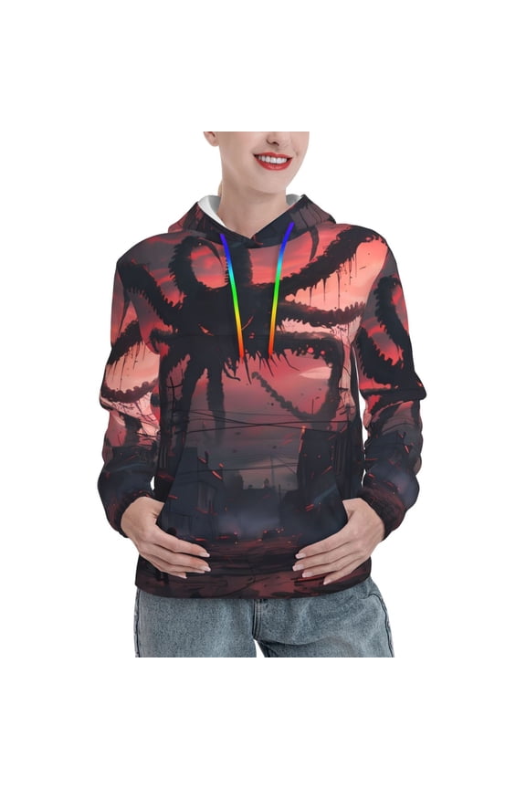 Giant Monster Over City Pattern Casual Women's Hoodie, Hooded Sweatshirt with Kangaroo Pocket, Comfortable Pullover with Eye-catching Drawstrings-XX-Large