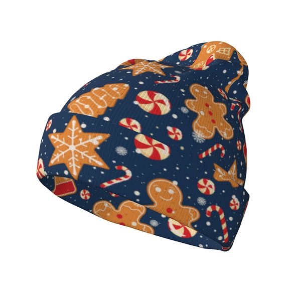 Picia Gingerbread Delights Pattern Knitted Beanie Hat for Men and Women , Unisex Winter Warm Stretchy Knit Cap Thick Fisherman Beanies Cuffed Plain Skull Caps