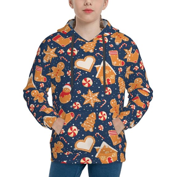 Picia Gingerbread Delights Pattern Youth Hoodie - Warm Pullover Sweatshirt with Kangaroo Pocket, Ideal for Boys and Girls-X-Large