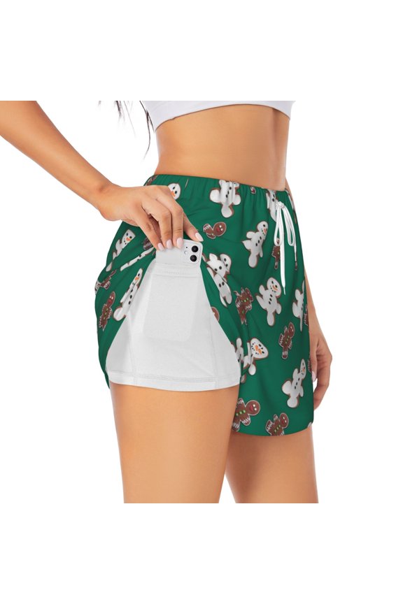 Gingerbread Snowman Cookies Pattern Women's 2 in 1 Athletic Running Shorts High Waisted Workout Casual Gym Sweat Shorts with Comfy Liner Zipper Pockets-XX-Large