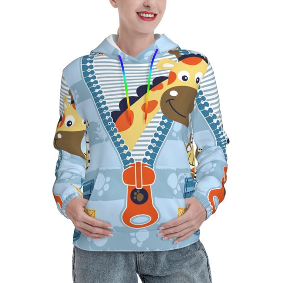 Picia Giraffe Come Out From Zipper Pattern Casual Women's Hoodie, Hooded Sweatshirt with Kangaroo Pocket, Comfortable Pullover with Eye-catching Drawstrings-